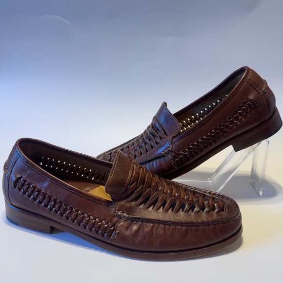 Johnston Murphy Sheepskin Men Brown 20-1494 Leather Woven Slip On‎ Loafer Sz 9.5